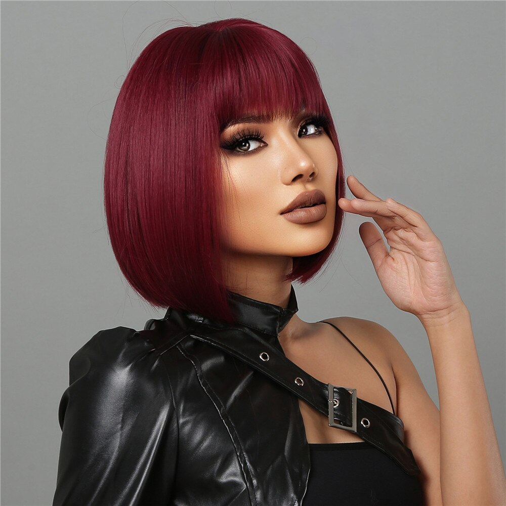 Vinho curto vermelho Bob perucas para mulheres Borgonha Bob perucas com Franja grossa peruca sintética resistente ao calor