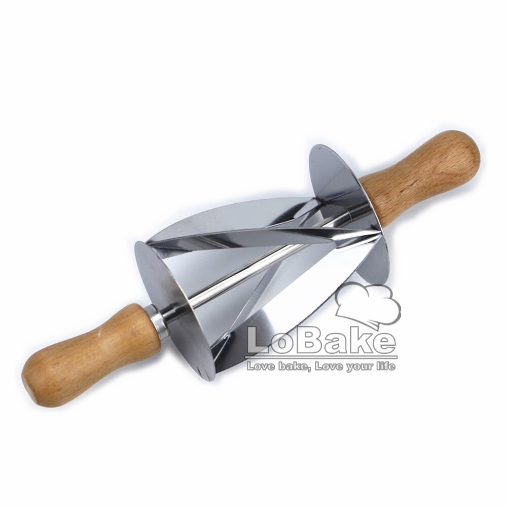 Mini 20cm long stainless steel croissant maker trigon round rolling knife dough cutter pizza roller wooden handle DIY baking