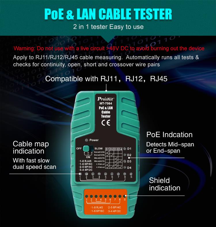 Pro'skit 2 in 1 mt-7064 poe & lan kabeltester til  rj11/rj12/rj45 poe tester - ieee 802.3 af/ ved standard midspan / endspan