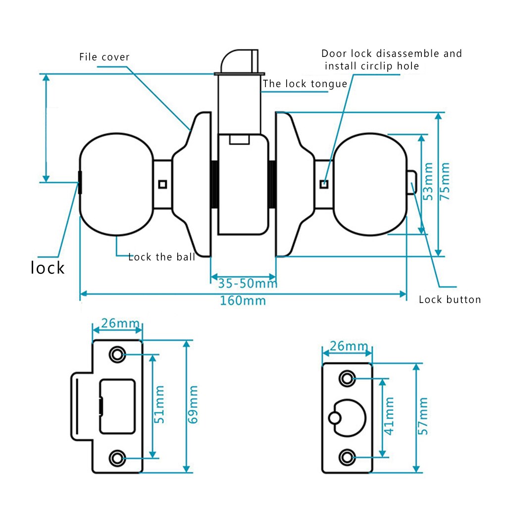 Round Door Handle Knobs Lock Stainless Steel Bedroom Living Room Bathroom Entrance Door Lock with Key