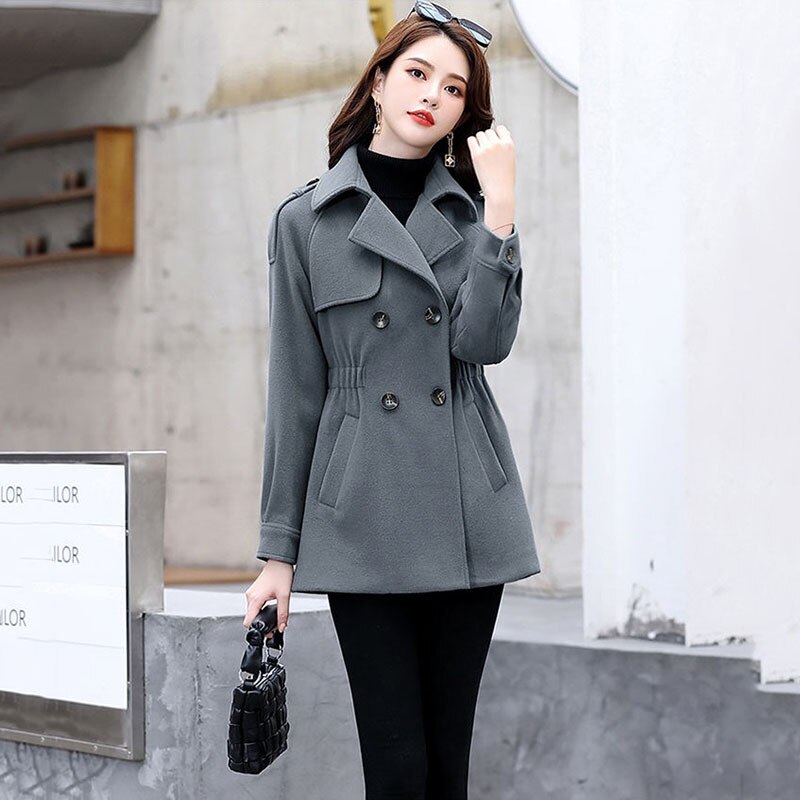 Manteau en laine pour femmes, , court, croisé, gris, Slim, veste pour femmes, automne