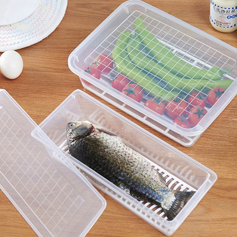 Refrigerator organizer, Plastic Food Containers With Removable Drain Plate And Lid, Stackable Portable Freezer Storage Container