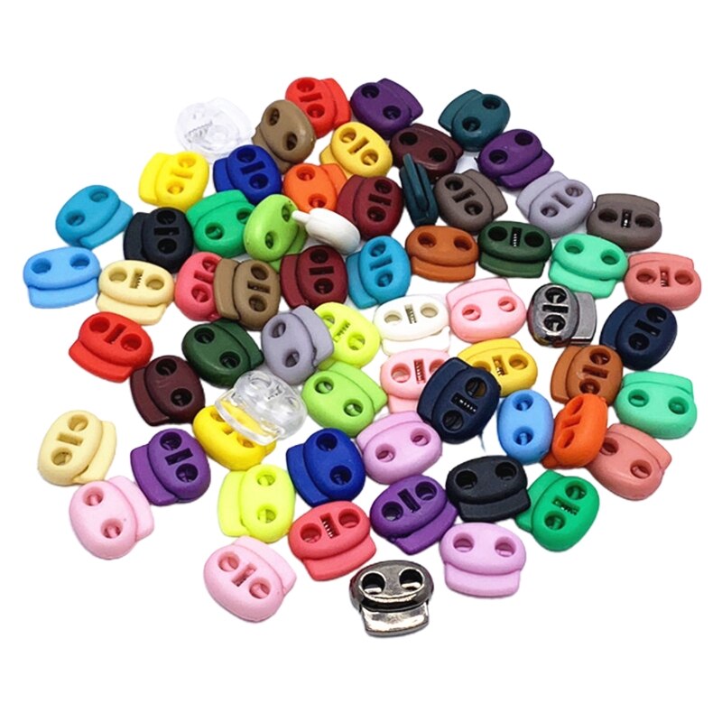 30/100Pcs Face Mask Earloop Plastic Cord Locks End Double Hole Oval Spring Toggle Stoppers Sliding Fastener Buttons: Blue