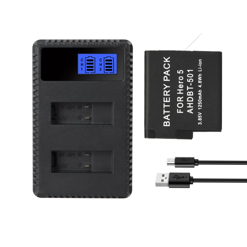 Batterij 1250 mah voor gopro hero 7 6 5 go pro hero 5 hero 6 hero 7 black ahdbt 501 ahdbt -501 camerabatterijen oplader: 1 oplader 1 batterij
