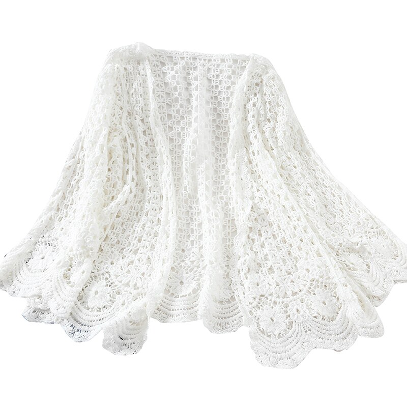 Åben blonde cardigan hæklet udhulet skuldertræk kvindelig afslappet hvid blomst blomster åben søm kvinder sweater løs strikket overtøj