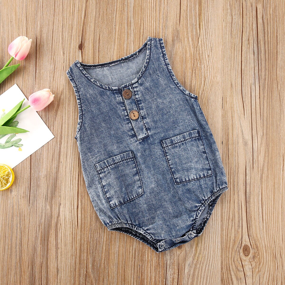 0-12M Baby girls Boys sleeveless denim Bodysuits born infant Jumpsuits with pockets