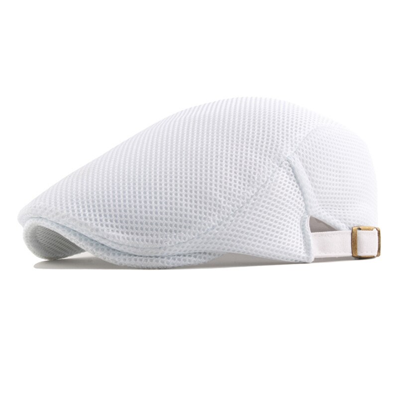 Sombrero de boina de algodón para hombre, gorra plana de malla informal, blanca, lisa, transpirable, ajustable, clásica, para verano: Blanco