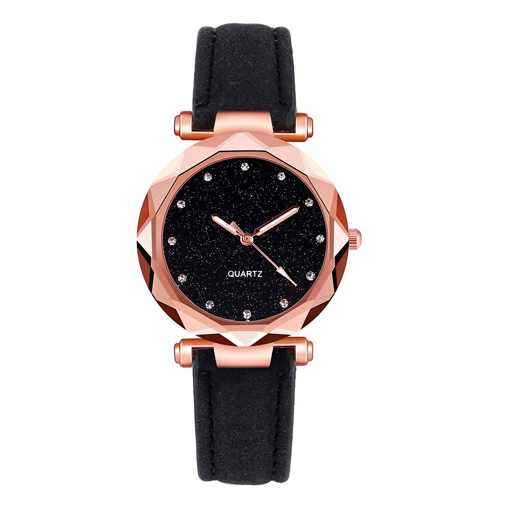 Ladies Korean Rhinestone Rose Gold Quartz Watch Female Belt Watch montre femme часы женские zegarki damskie: Black