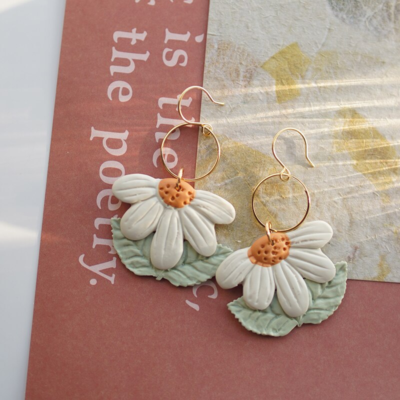 Flower Shape Ring Dangle Multi Colors Big Size Handmade Polymer Clay Spring Collection Earring Sets Statements Jewelry: pale green