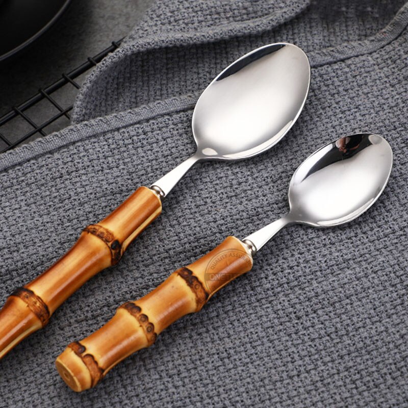 Juego de cubiertos con mango de bambú Natural, vajilla de acero inoxidable, vajilla de cocina, incluye tenedores, cucharas, cuchillos