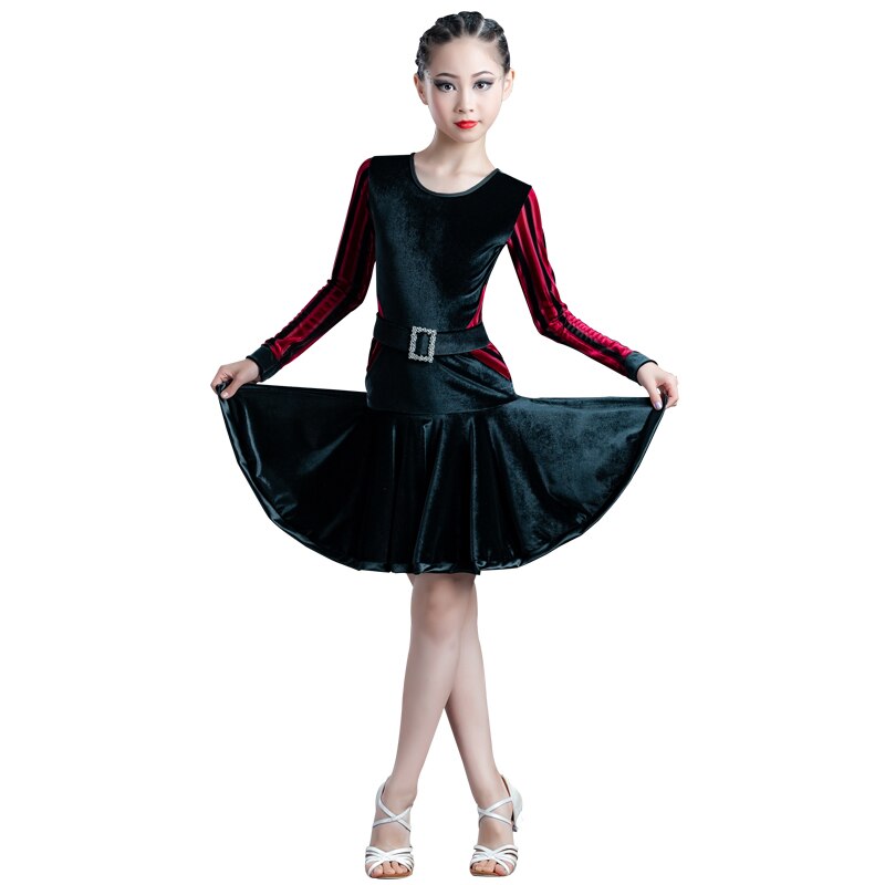 Children Latin Dance Dress Female Autumn Winter Velvet Long Sleeve Ballroom Performance Competition Dress Dance Wear