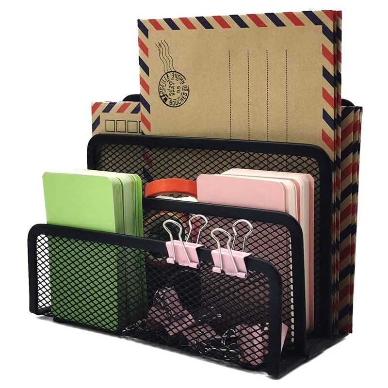 Three layers Black Metal Mesh Desk Organizer Desktop Letter Sorter Mail Tray File Organiser Office Home Bookends Book Holder