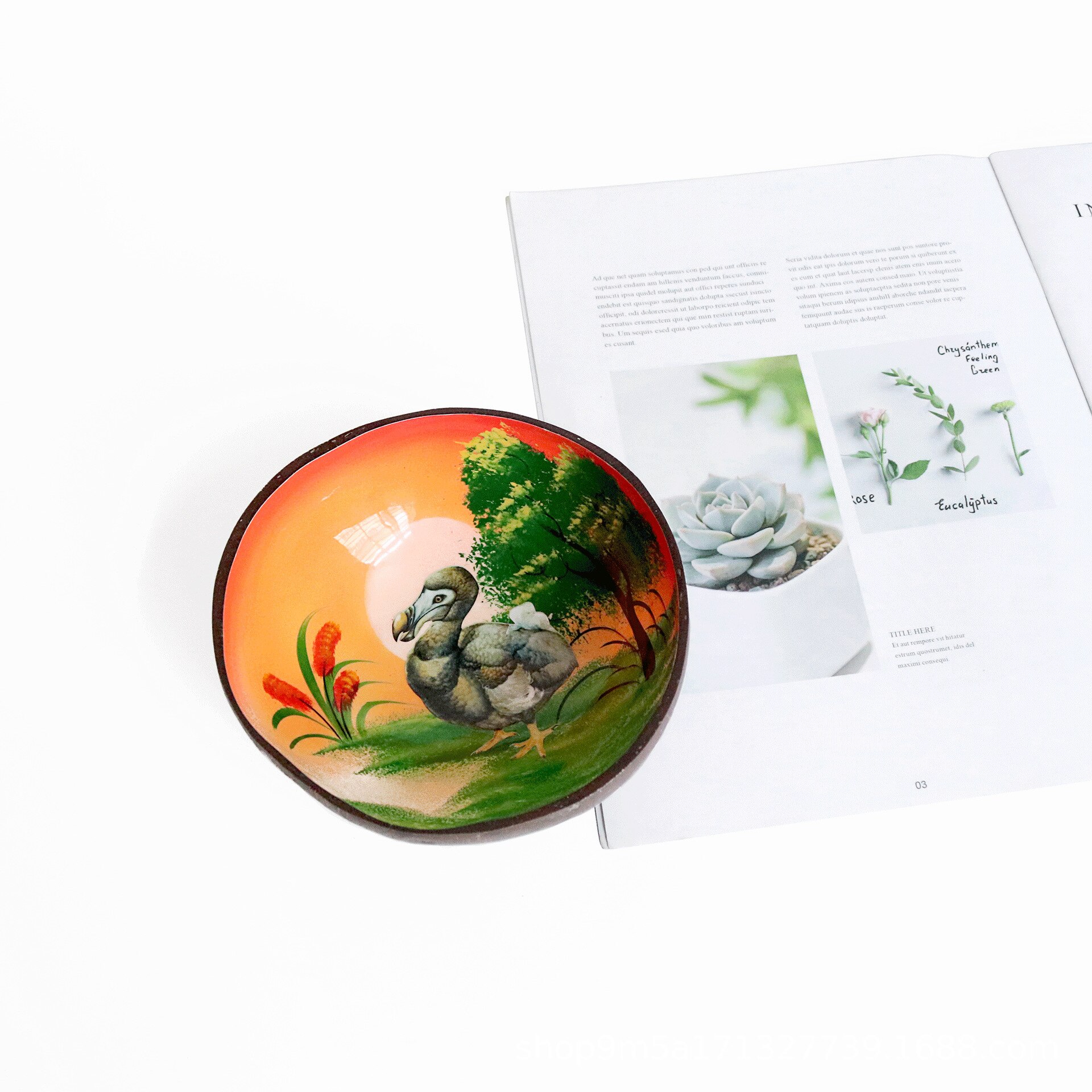 Glazed Scenery Bird Coconut Salad Bowl Wooden Painted Fruit Tableware Breakfast Yogurt Cup Handicraft Home Decor Lover's