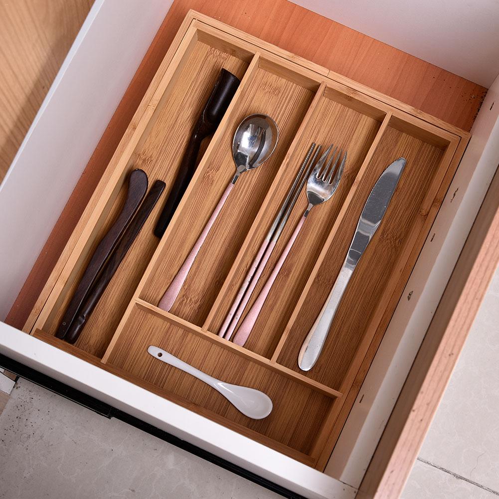 Adjustable Bamboo Drawer Kitchen Tableware Cutlery Storage Tray Box With 7 Compartments Daily Necessities Organizer Divider