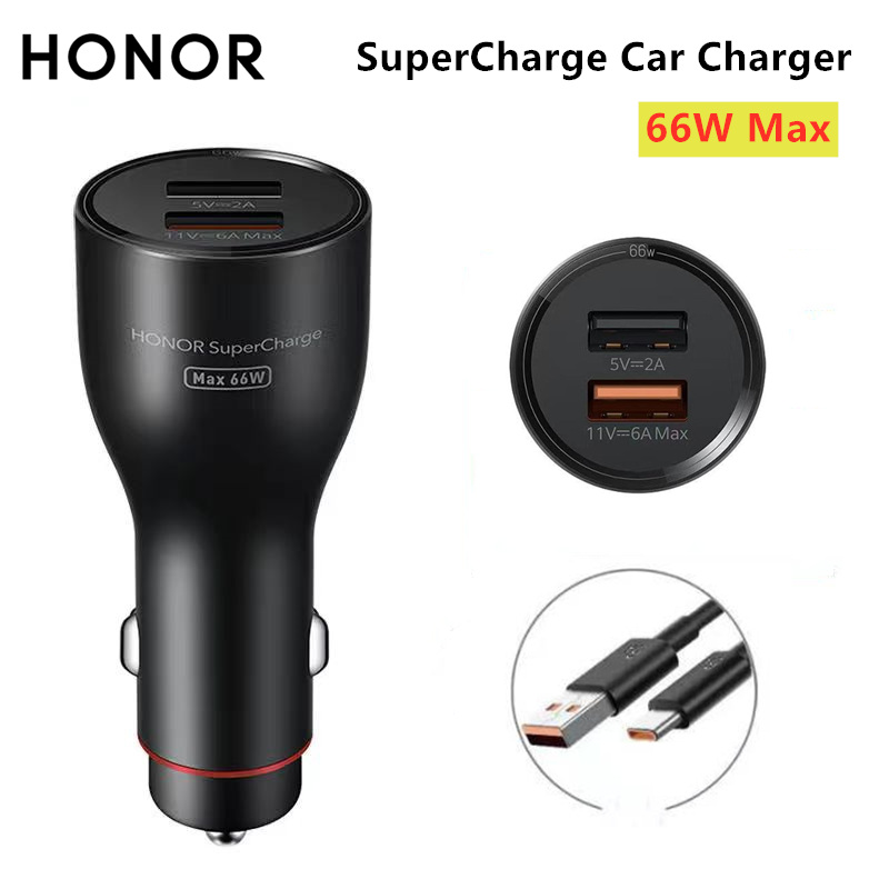 Cargador de coche Honor SuperCharge 66W Max Dual USB QC2.0 FCP SCP carga rápida compatibilidad Universal con Cable tipo c 6A