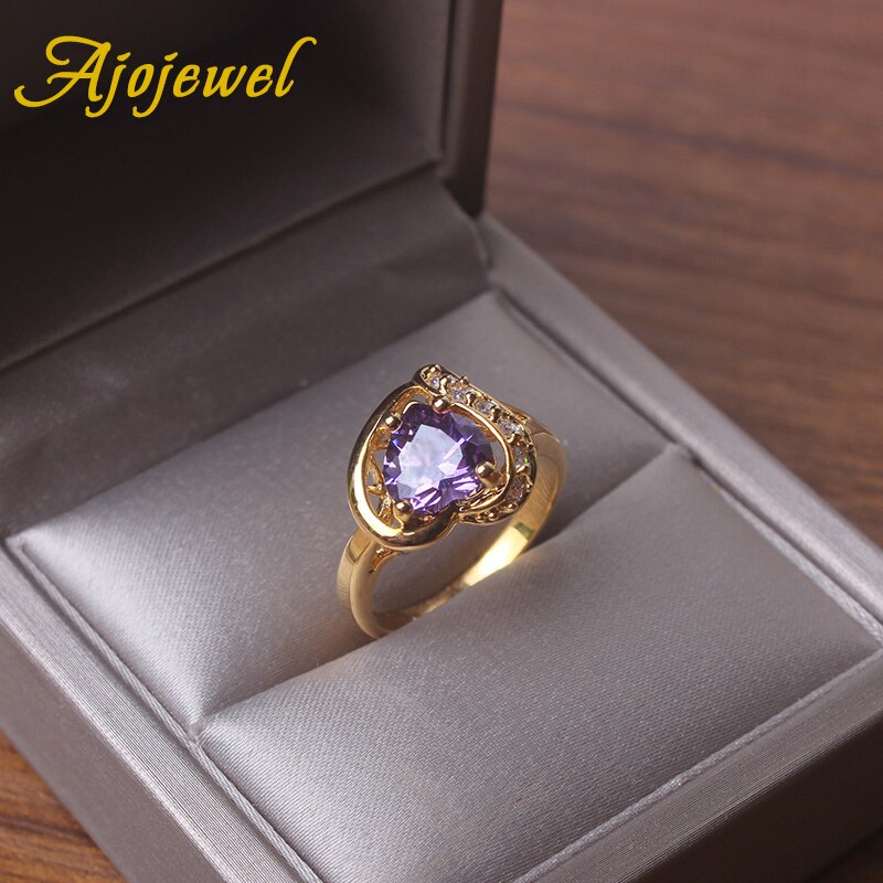 Ajojewel Gold Color Heart Zirconia Women Rings For Bride Wedding Purple Crystal Ring Engagement Ring Girl Bague