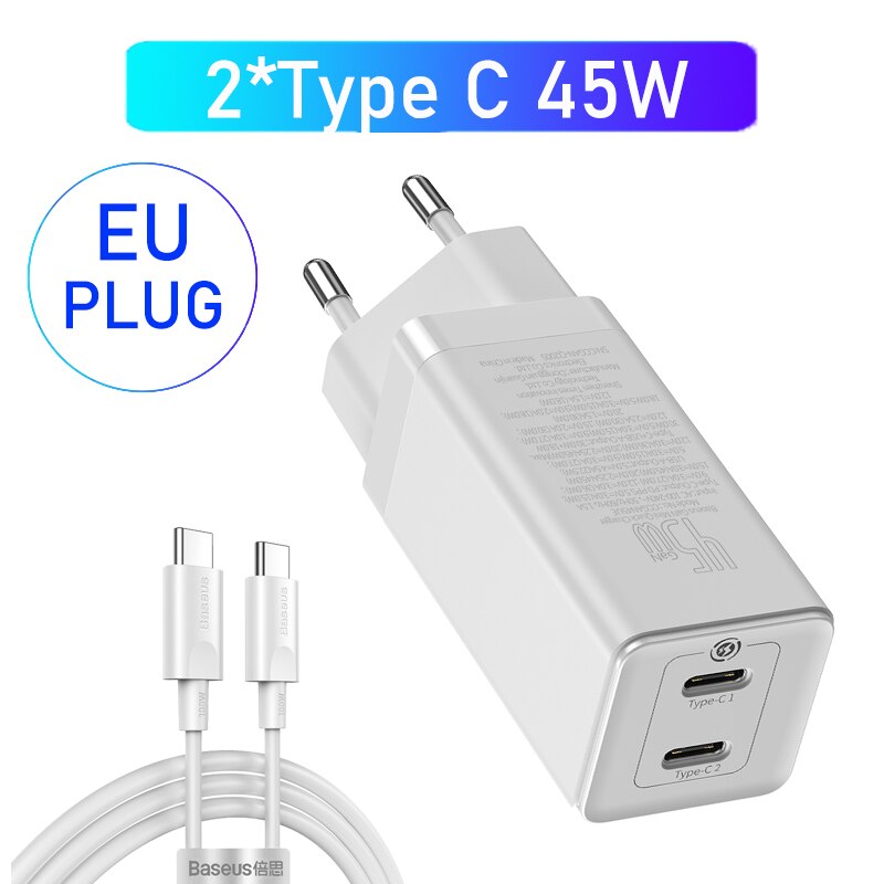 Baseus Gan Lader 45W Pd Usb Charger Quick Charge 4.0 3.0 Dual Usb Telefoon Oplader Forip Voor Huawei Mate 10 Voor Samsung Laptop: 2C White EU