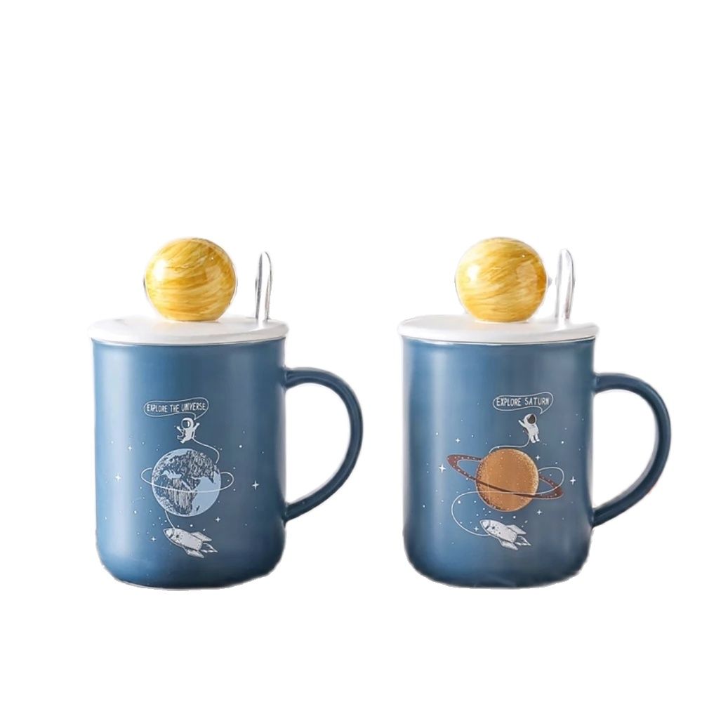 Kids Universe Coffee Mugs 3D Planets Cups With Lid Ceramic Milk Oat Drinks Breakfast Pot Funny 450ml
