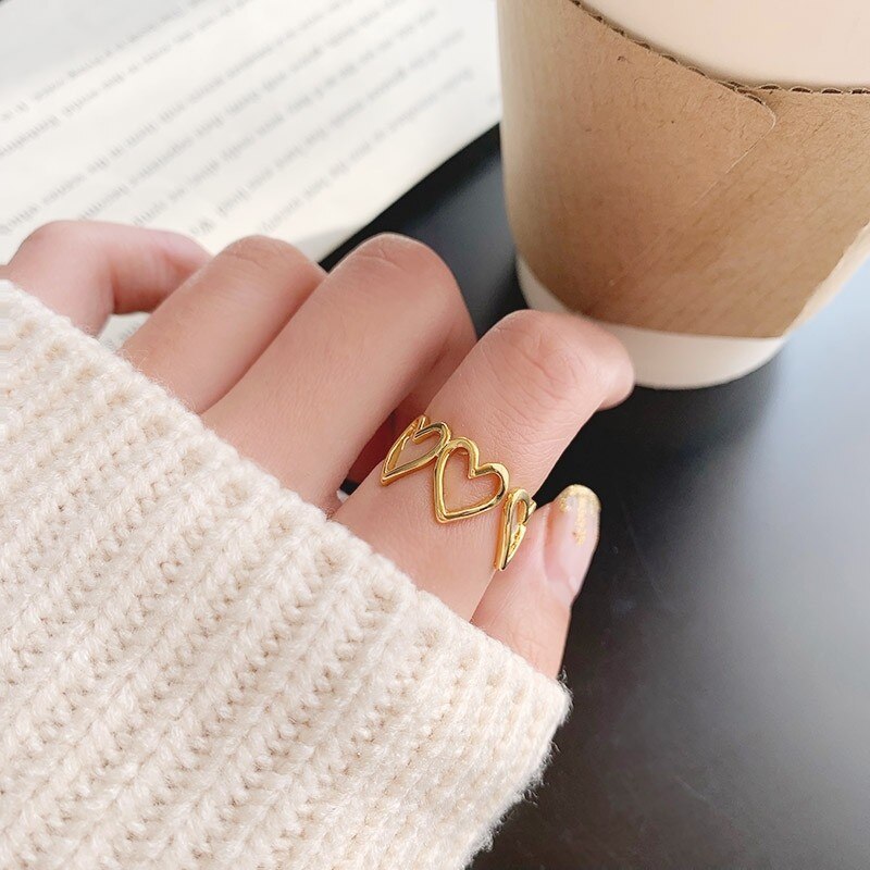 Cor de ouro ajustável oco-para fora coração forma anel aberto design bonito moda amor jóias para wome menina presentes quente: 18j