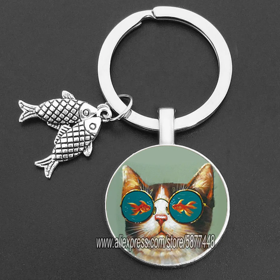 Ondeugende kat en vis glazen hanger sleutelhanger schattige kat die wil vis eten sleutelhangers voor vrouwen en schattig meisje