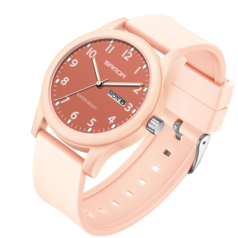 SANDA Herrenuhr, Silikonarmband, modisch, lässig, wasserdicht, leuchtende Uhr, Unisex-Armbanduhr, Datum, Woche, Sport, Herrenuhren: Rosa