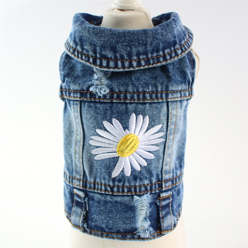 Chaqueta vaquera para perro y gato, chaleco con estampado bordado de flores, abrigo azul, ropa para cachorros, 6 tamaños: M