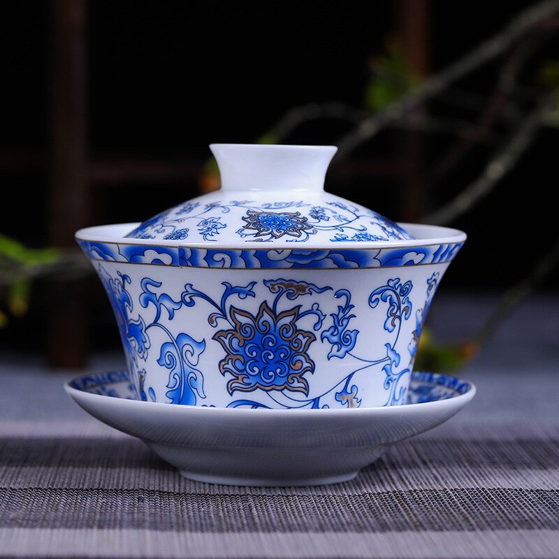 Gaiwan Tasse à Thé Chinoise En Porcelaine Blanche - Service à Thé Traditionnel Avec Couvercle Et Soucoupe - 150ml Motif Sancai Bleu