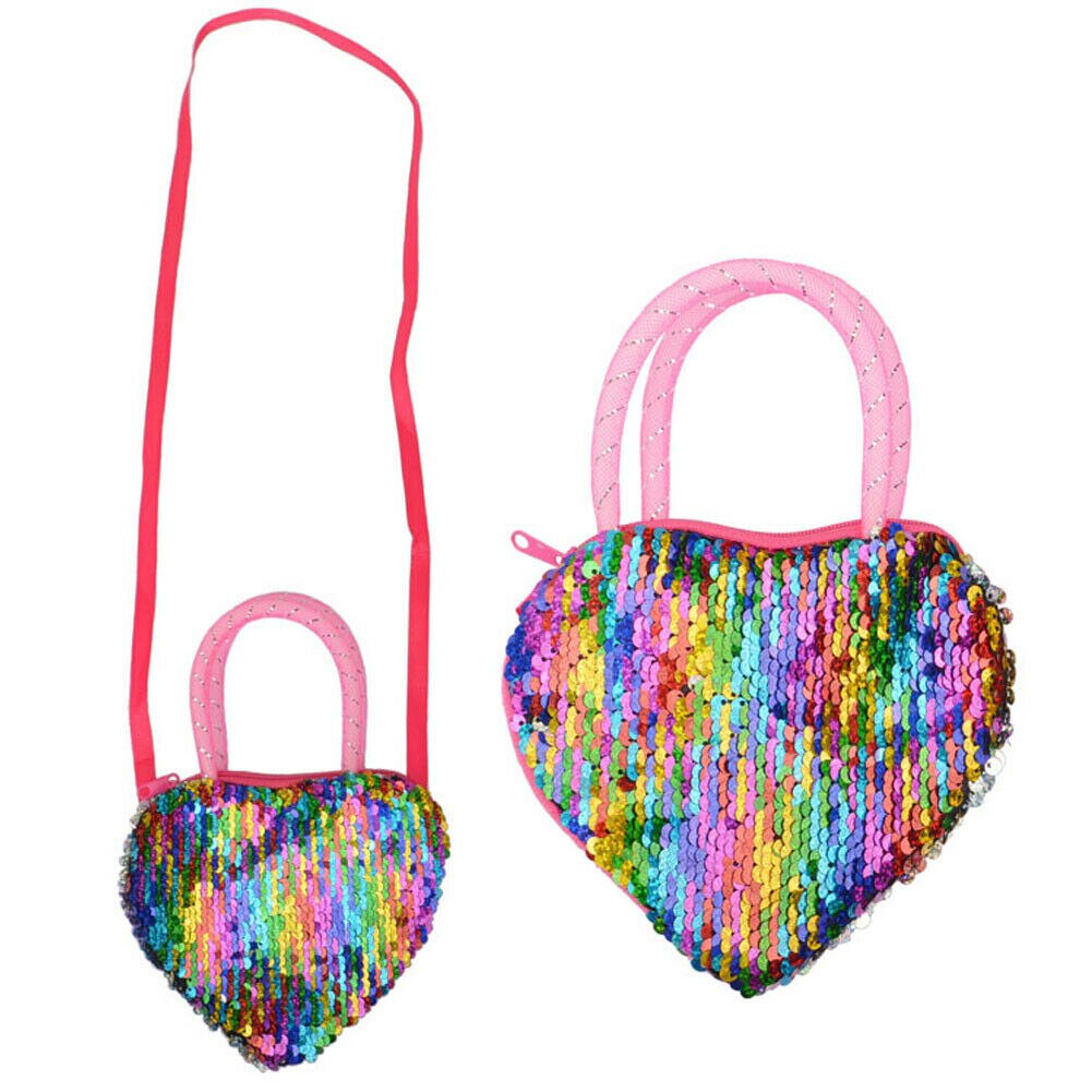 Sweet Girls Kid Sequin Heart Shaped Ribbon Long Strap Purse Coin Handbag Pocket Bag: C
