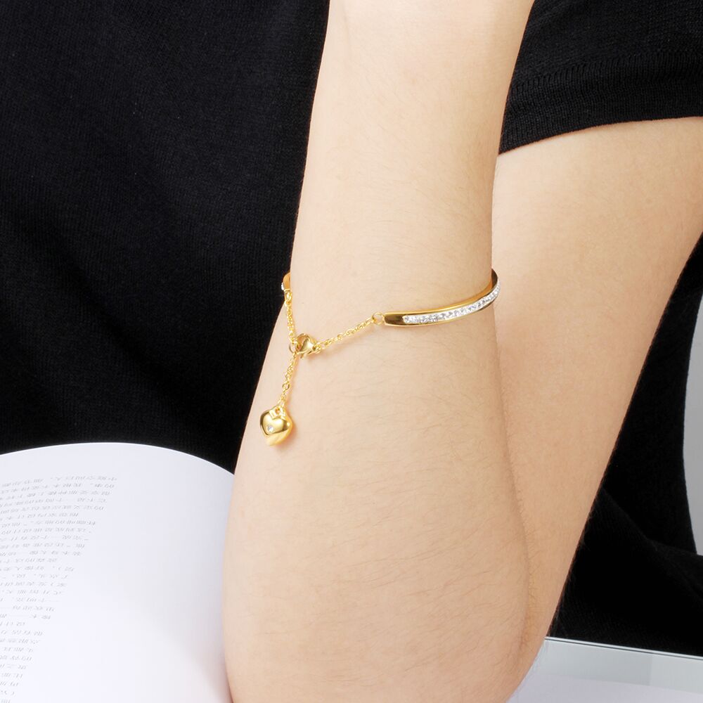 NIBA Gold-Color Cuff Bangle For Women One Row Crystal Stainless Steel Bracelet Bangle Jewelry Adjustable Chain