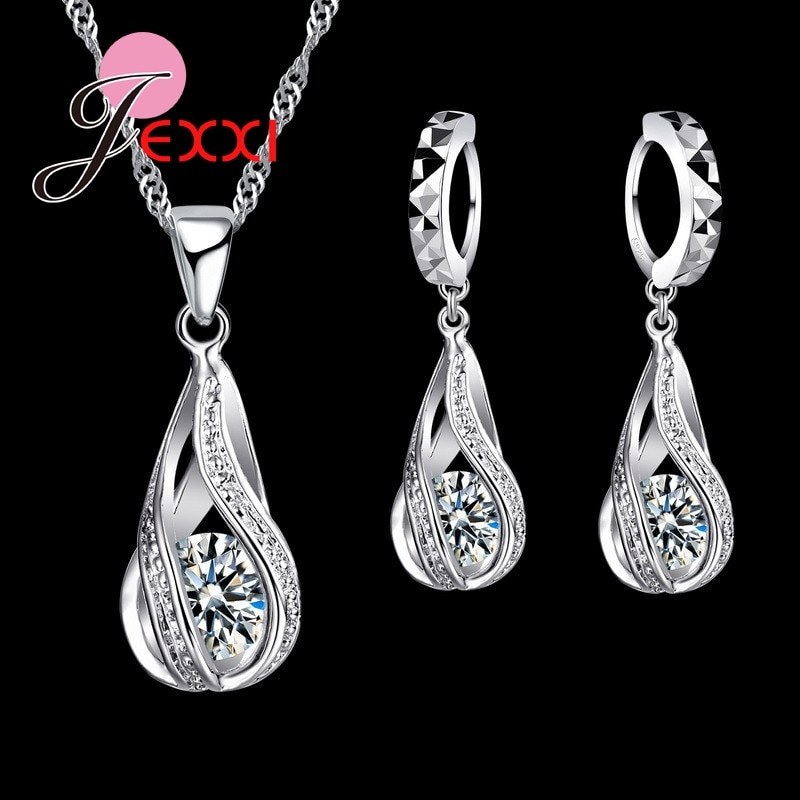 925 sterling sølv klassisk dråbeform hvid krystal smykker sæt vand bølge halskæde vedhæng hoop øreringe