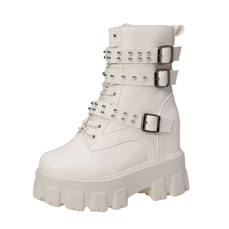 Rivet grosses bottes plate-forme femmes noir blanc Double boucle hauteur augmenter chaussures femme plate-forme bottines dame: WHITE / 35