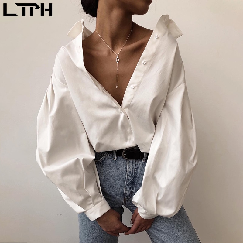 , otoño , nuevas blusas para mujer, mangas acampanadas, ropa de calle con solapa, informal, suelta, botón Delgado, Camisa lisa simple