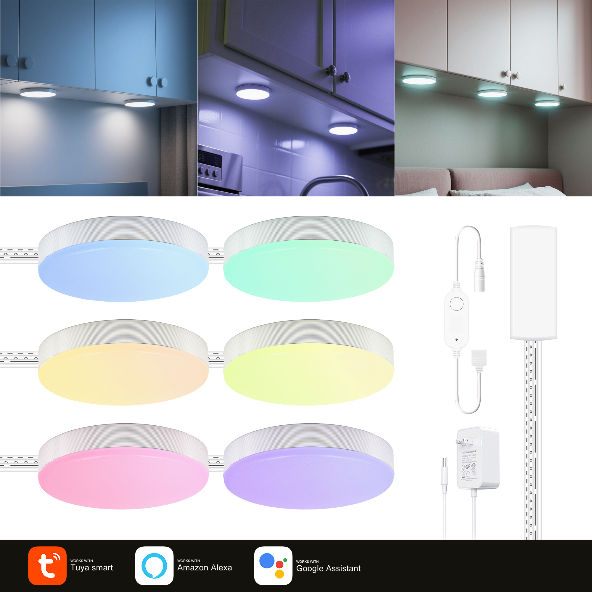 Kit rond en aluminium LED pour cuisine, lumière WiFi RGB, Alexa, Google Assistant, application avec télécommande RF 2.4G, synchronisation musicale, variable