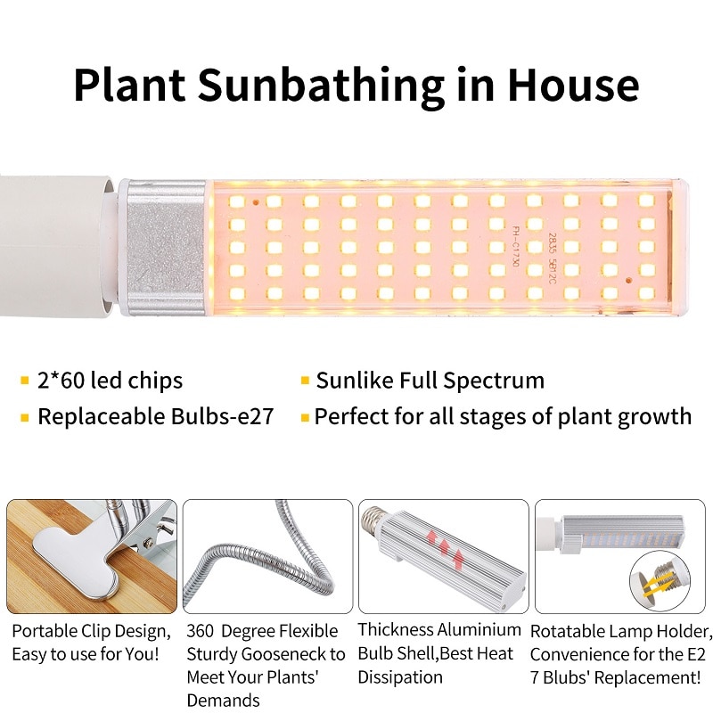 LED Plant Grow Lights Sunlike Full Spectrum 45W 50W 60W E27 Dual Head Flexible Gooseneck for Greenhouse flower Phyto lamp EU/US