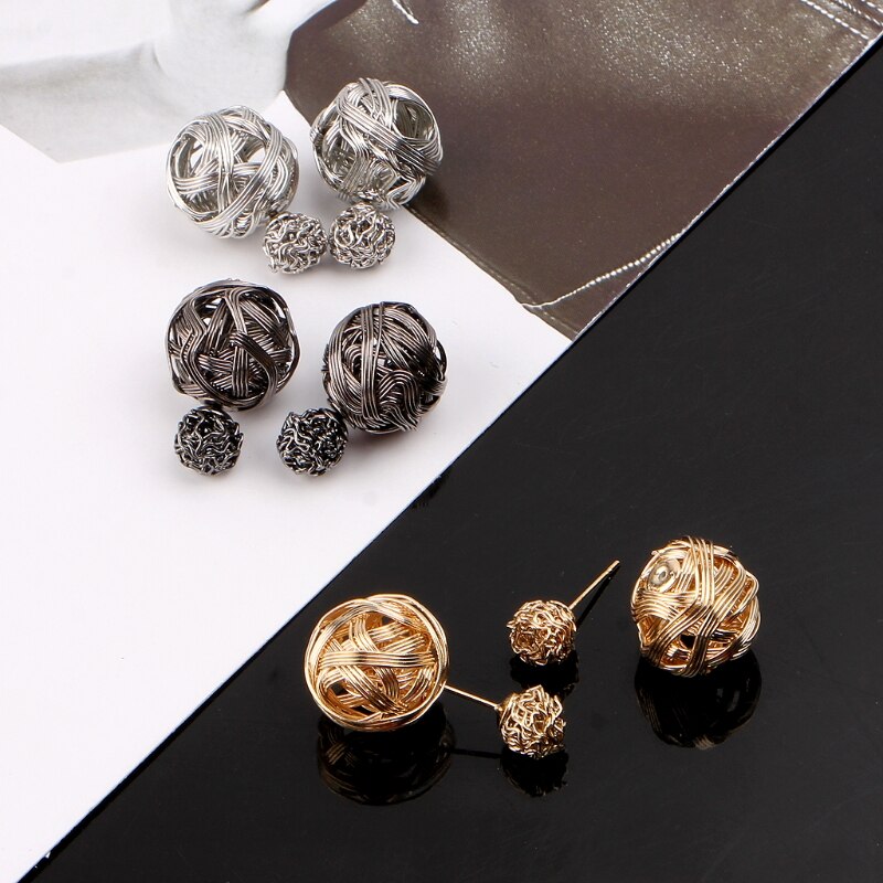 3 Pairs Metal Wire Wrapped Double Sided Ball Earrings Set Jewelry