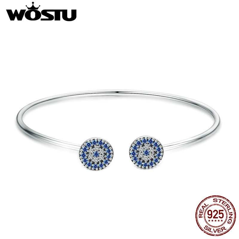 WOSTU Echtem 925 Sterling Silber Glück Blau Augen Blau CZ Öffnen Manschette Armreif & Armbinde Für Frauen Luxus Silber Schmuck CQB058