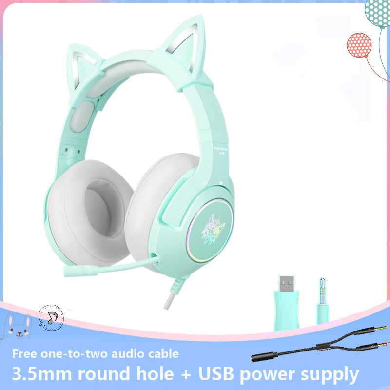 Product K9 Pink Cat Ear Cute Girl Gaming Headset With Mic ENC Noise Reduction HiFi 7.1 Channel RGB Wired Headphone: green 3.5mm no box
