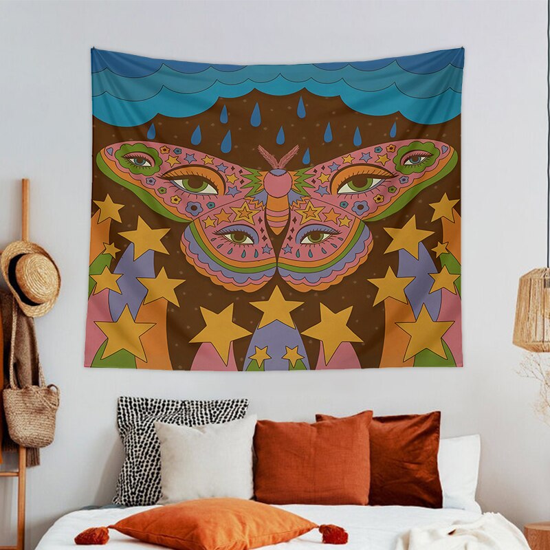 Tapiz psicodélico Retro de los años 80, colgante de pared con de mariposa psicodélica, flor, ojo, estrella, cielo, cubierta Vintage de los 90, decoración artística para habitación