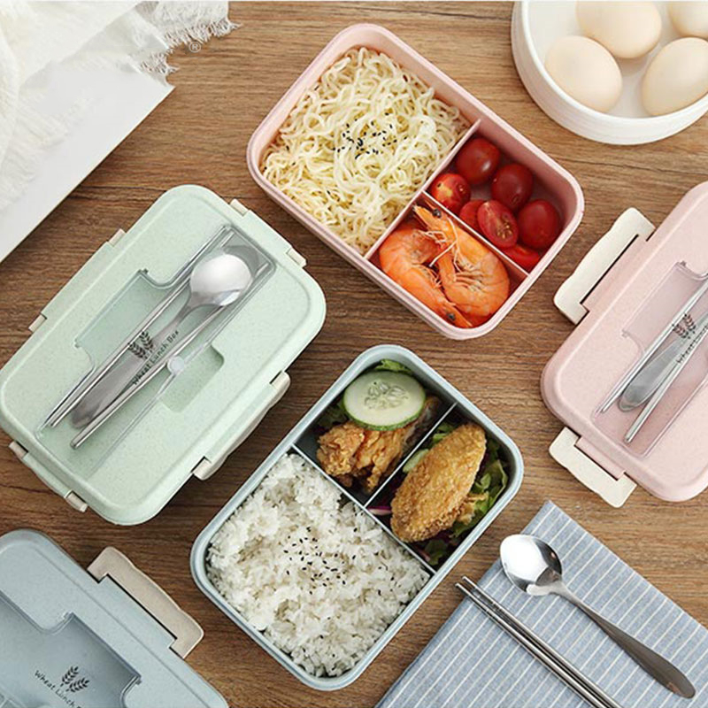 Fiambrera con cuchara, palillos, vajilla de paja de trigo, contenedor de almacenamiento de alimentos, caja Bento para microondas para escuela y oficina