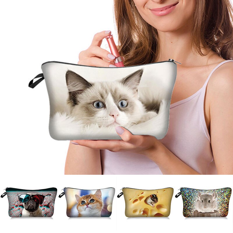 Kosmetiktaske sød kat print polyester makeup taske rejse toiletartikler sød organisator taske pose 3d mønster kosmetik tasker