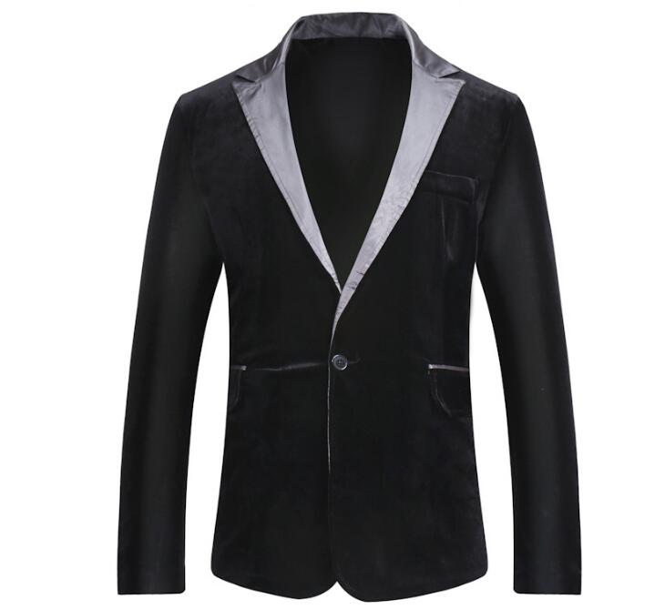 Men's Autumn Winter Velvet Wine Red Leisure Suit Jacket Wedding Groom Singer Slim Fit Blazer: Black / S