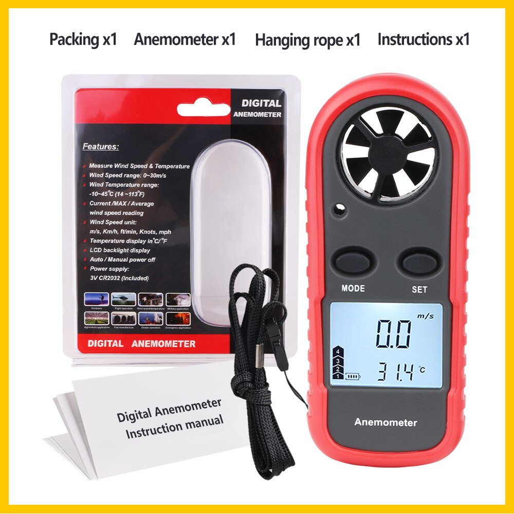 Portable Wind Speed Meter Digital Anemometer Thermometer 30m/s LCD Backlit Hand-heldMeasuring wind speed Tool WT816