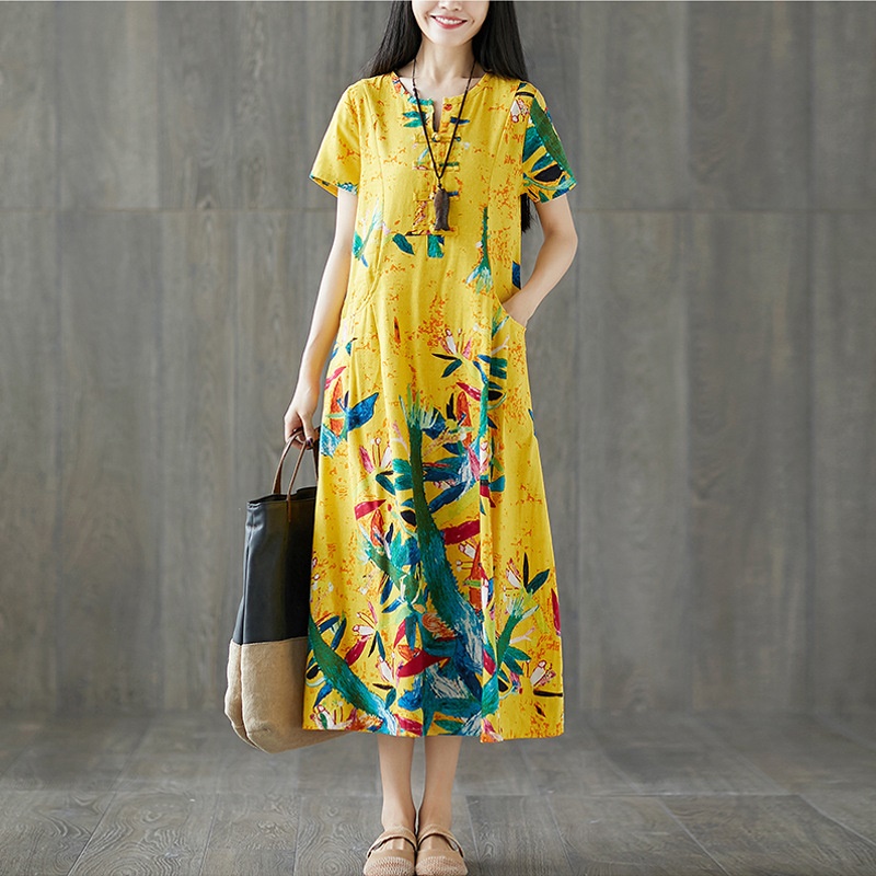 Etniske kjoler sommerkjole vintage femme kortærmet lang kjole print folklore retro vestido kjole i kinesisk stil  ta1646