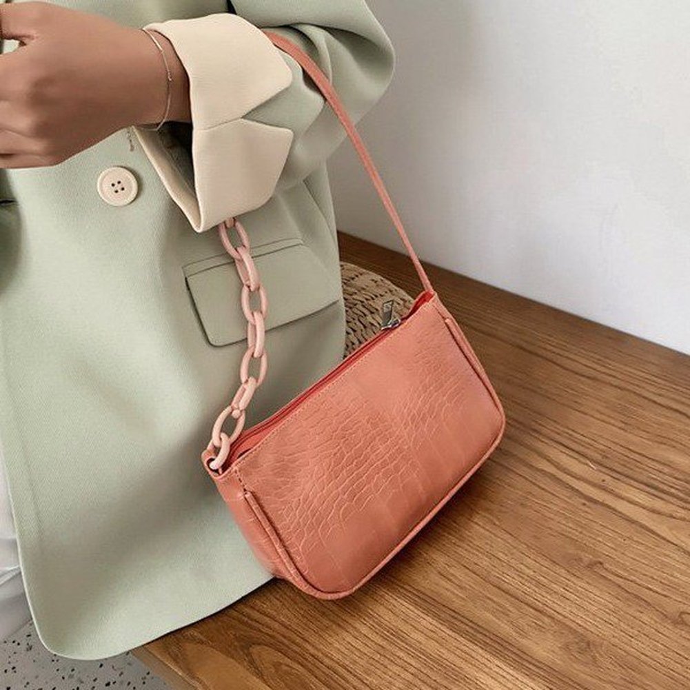 Bolso Baguette con de cocodrilo para mujer, cadena de Color caramelo , Bolso pequeño de hombro para mujer, moderno, bolso para axila de cuero