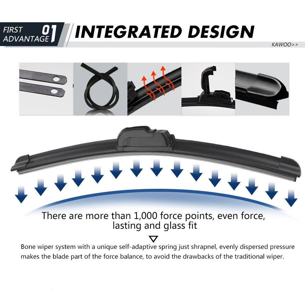 KAWOO Car Wiper Blade U Hook Universal Frameless Bracketless Rubber Car Windshield Wipe Blades 14"16"17"18"19"20"21"22"24"26"28"