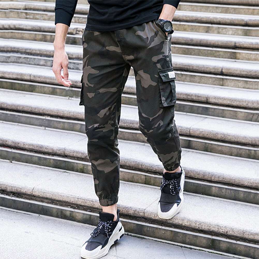 Camo Mannen Werkkleding Broek Dunne Multi-Pocket Enkel Stropdas Elastische Taille Straight Cargo Broek Met Meerdere Zakken