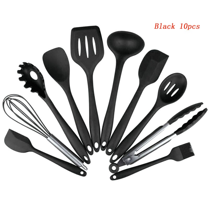 Silicone Kitchen Utensils Set 5/10 Pcs Not-Stick Cooking Tools Spoon Spatula Ladle Egg Beaters Kitchen Accessories Baking Tools: 10pcs  Black
