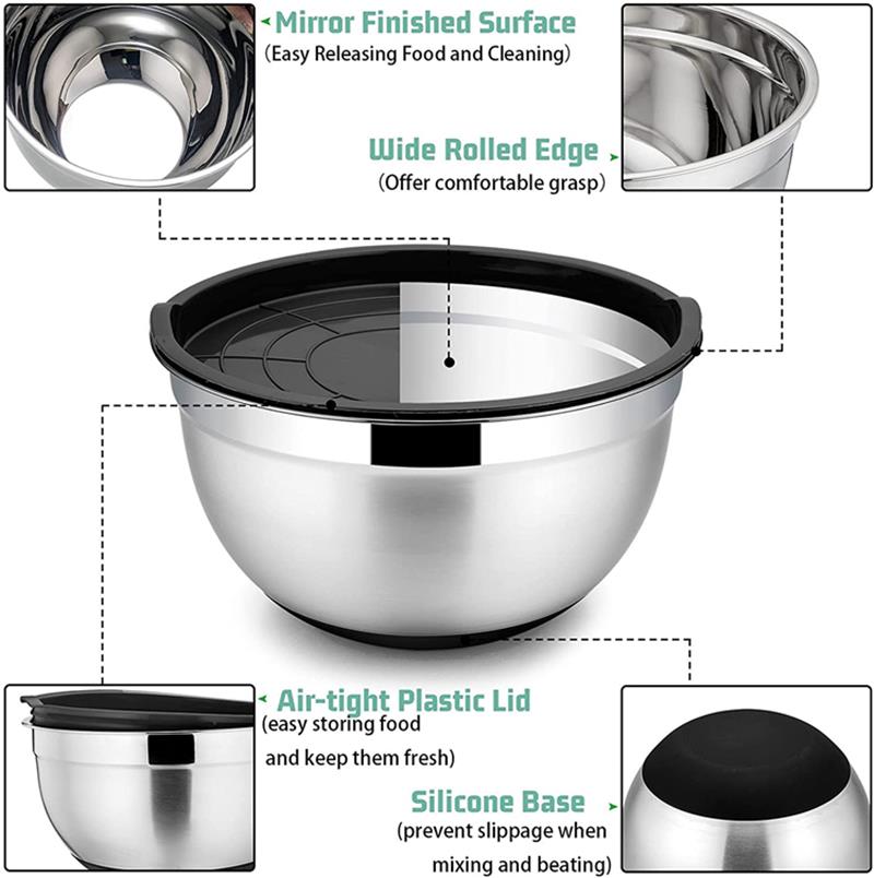 Stainless Steel Mixing Bowl Fruit Salad Bowl Non Slip Silicone Bottom Food Storage Bowl Set Kitchen Salad Cooking Bowl Tableware