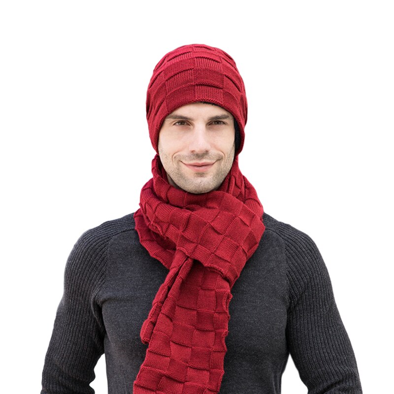 Guanti da uomo a maglia lunga sciarpa cappello impostato 3 pezzi uomo inverno caldo peluche protezione sciarpe e guanti Touchscreen: rosso vino