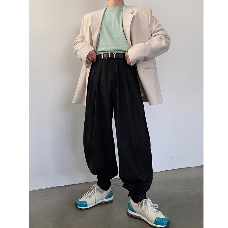 Men korea japan style streetwear casual bundle hem bukser male loose vintage suit pants long harem bukser: M / Svart